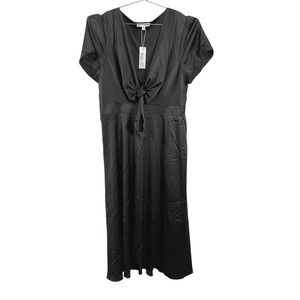 Baltic Born Dress Womens XL Black Poppy Satin Midi Tie Front Short Sleeve Lined